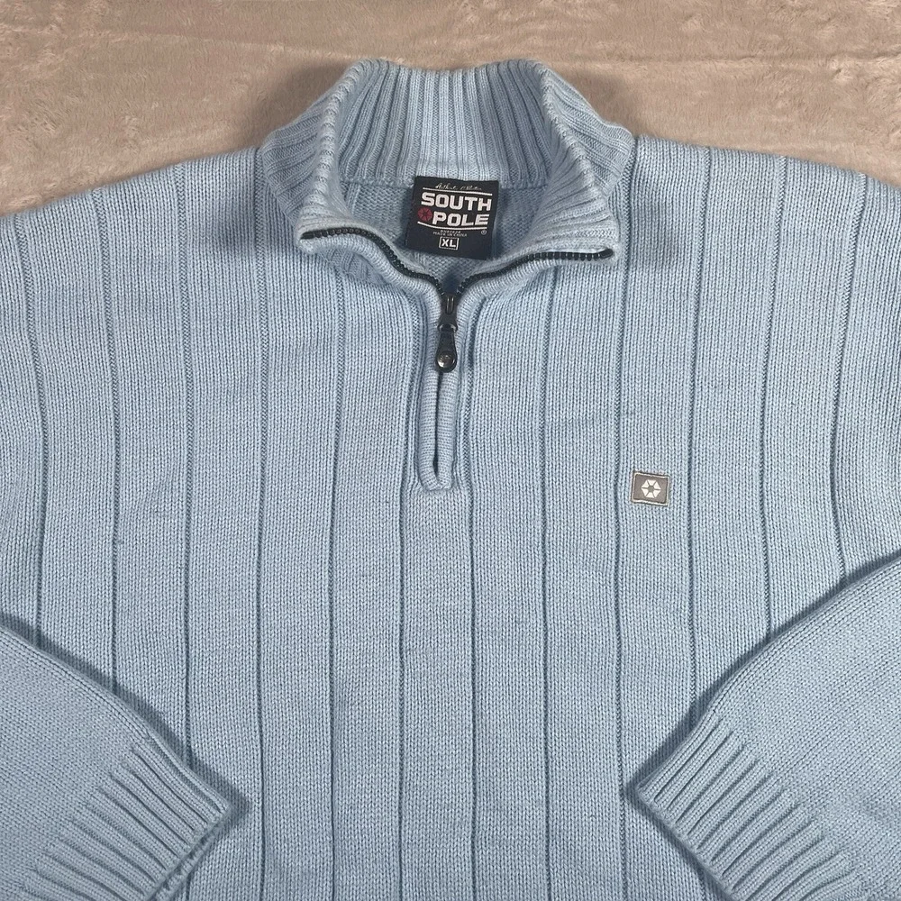 Southpole Vtg 90s Y2K Men's XL  1/4 Zip Sweater Ribbed‎ Striped Knit Baby Blue